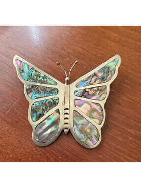 Vintage Abalone Butterfly Brooch Pin Shell Mexico Silver Tone 2"